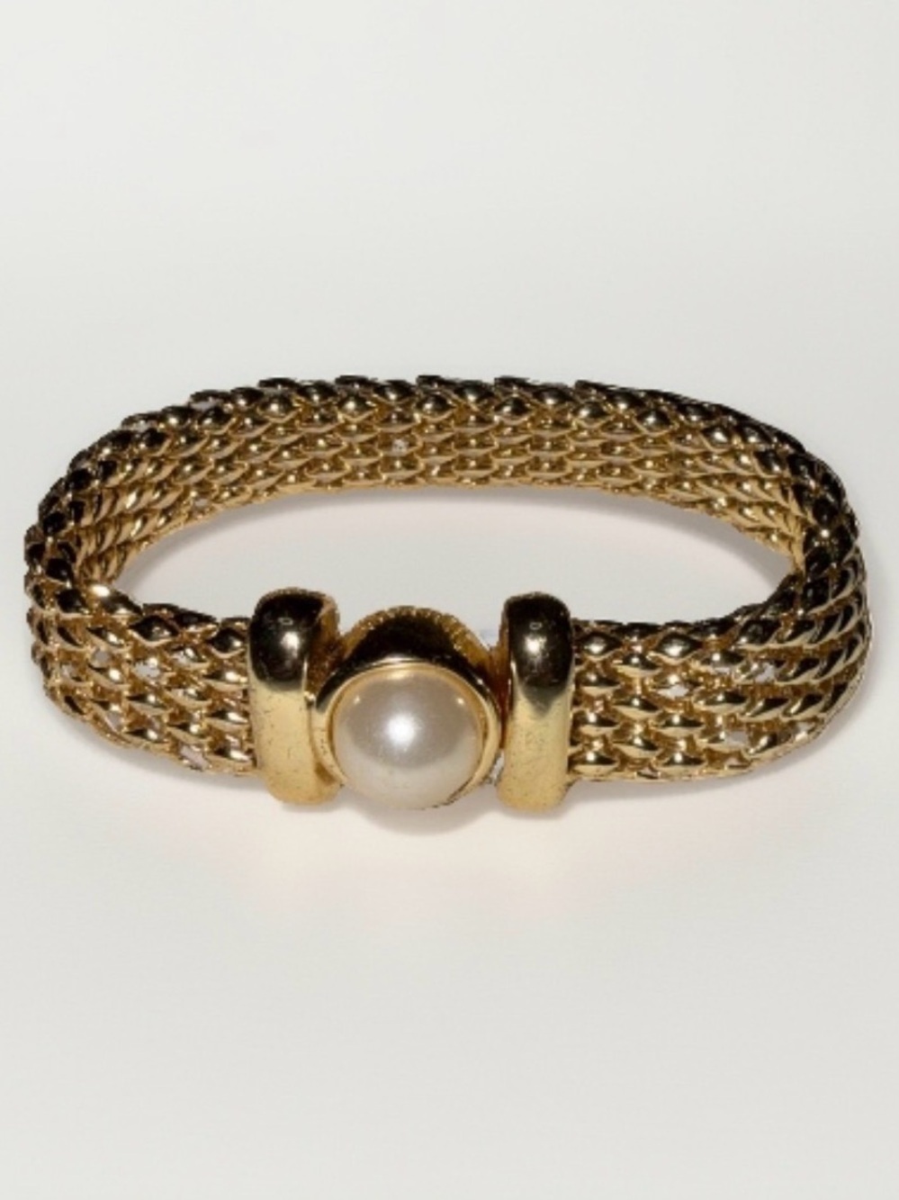 Vintage Retro Gold Tone Faux Pearl Mesh Bracelet  Magnetic Clasp Women Jewelry